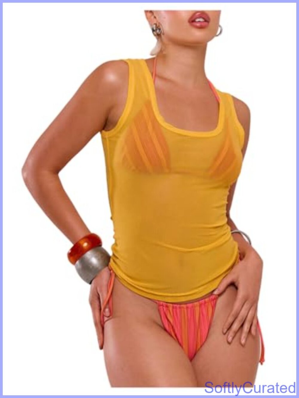 Women's Sheer Square Neck Sleeveless Fitted Tank Top Summer Basic Shirt